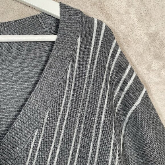 Alfani Cardigan Sweater Men’s XL Gray Striped V-Neck Button Up Grandpa Academia - Picture 2 of 13